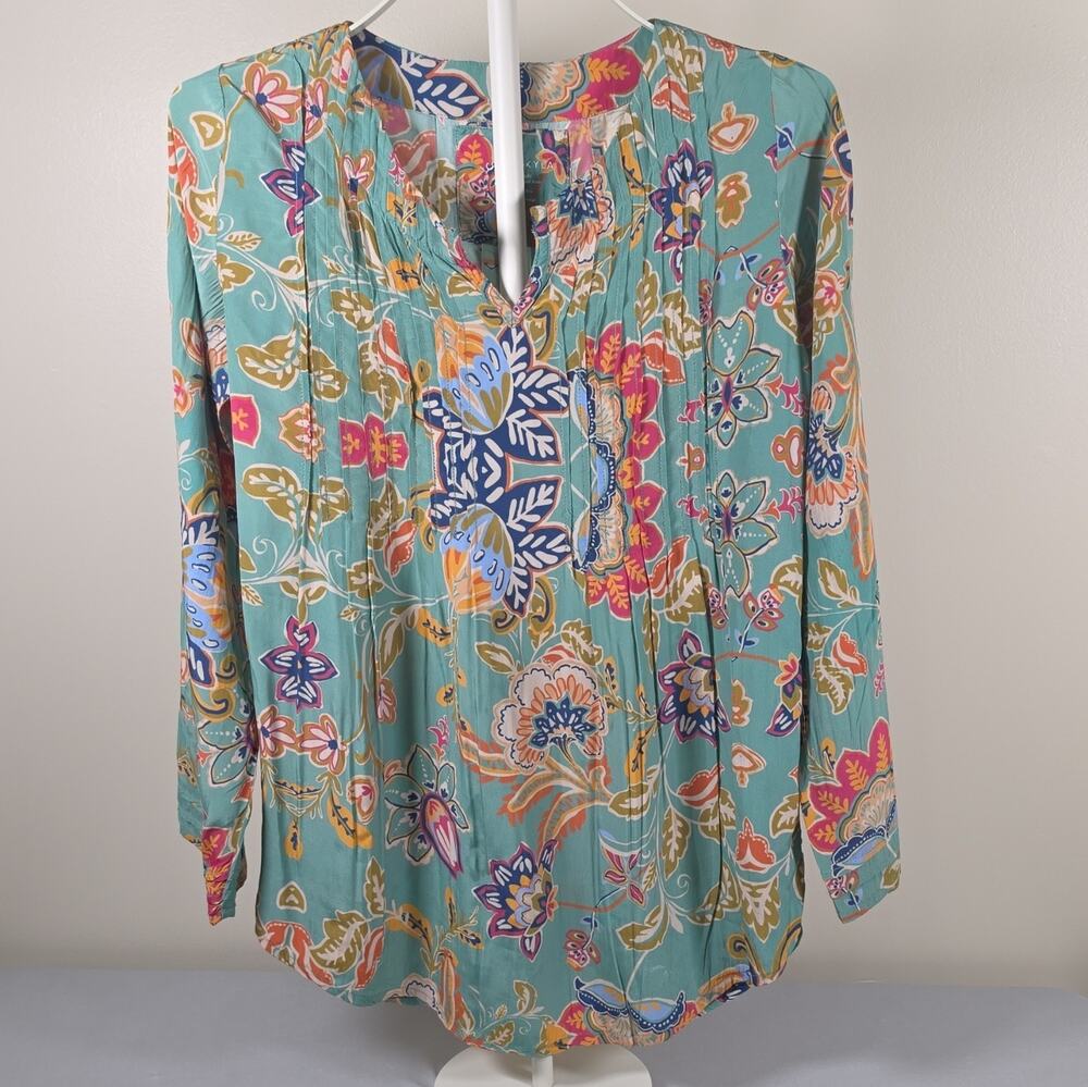 Love Kyla Floral V-Neck Long Sleeve Pullover Woven Rayon Tunic Blouse S